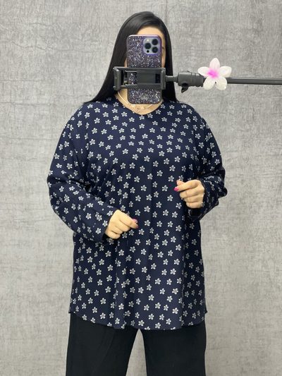 شومیز طرح گل ۵پر سرمه ای
